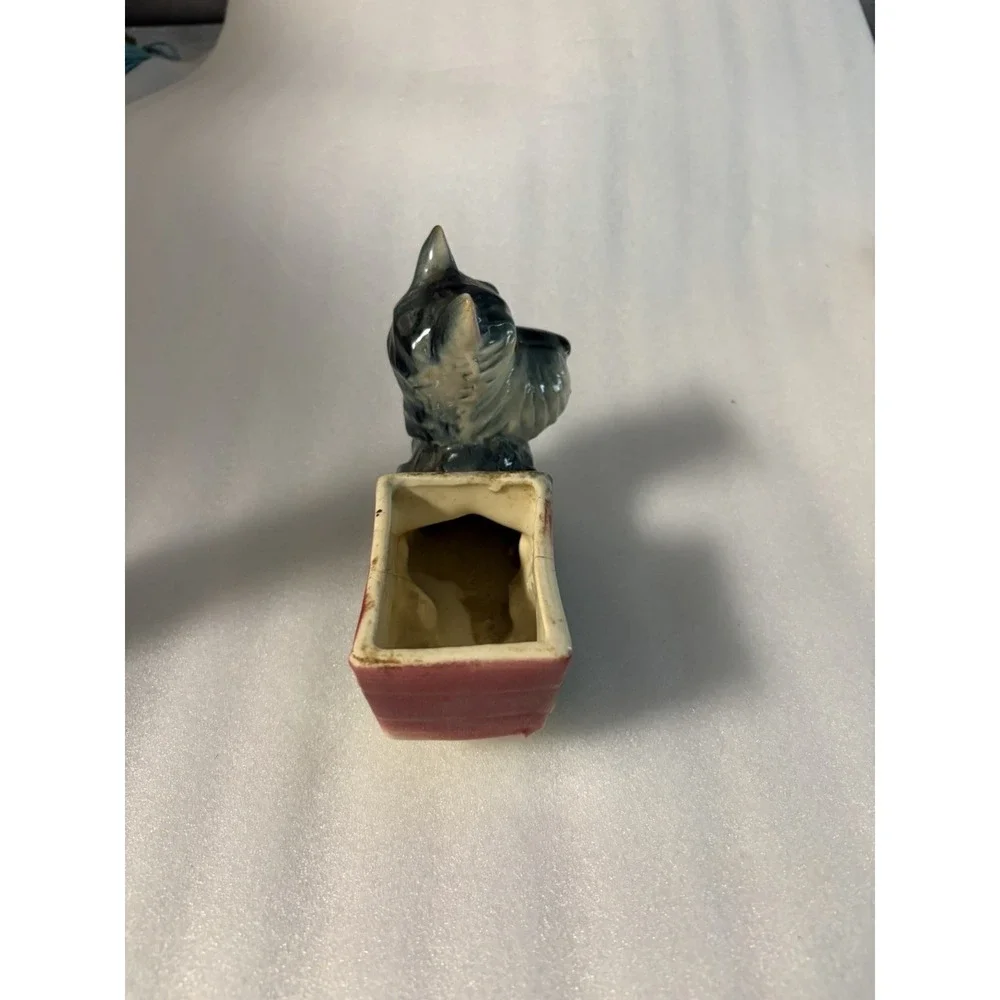 Vintage Ceramic Scottie Dog Planter Pulling Red Cart Wagon Green Wheels 6